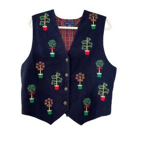 Vintage Christmas Winter Holiday Vest Navy plaid trees sz. L w metal